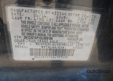 2016 Nissan Versa 1.6 S z USA, uszkodzony, nr VIN 3N1CN7AP1GL909108